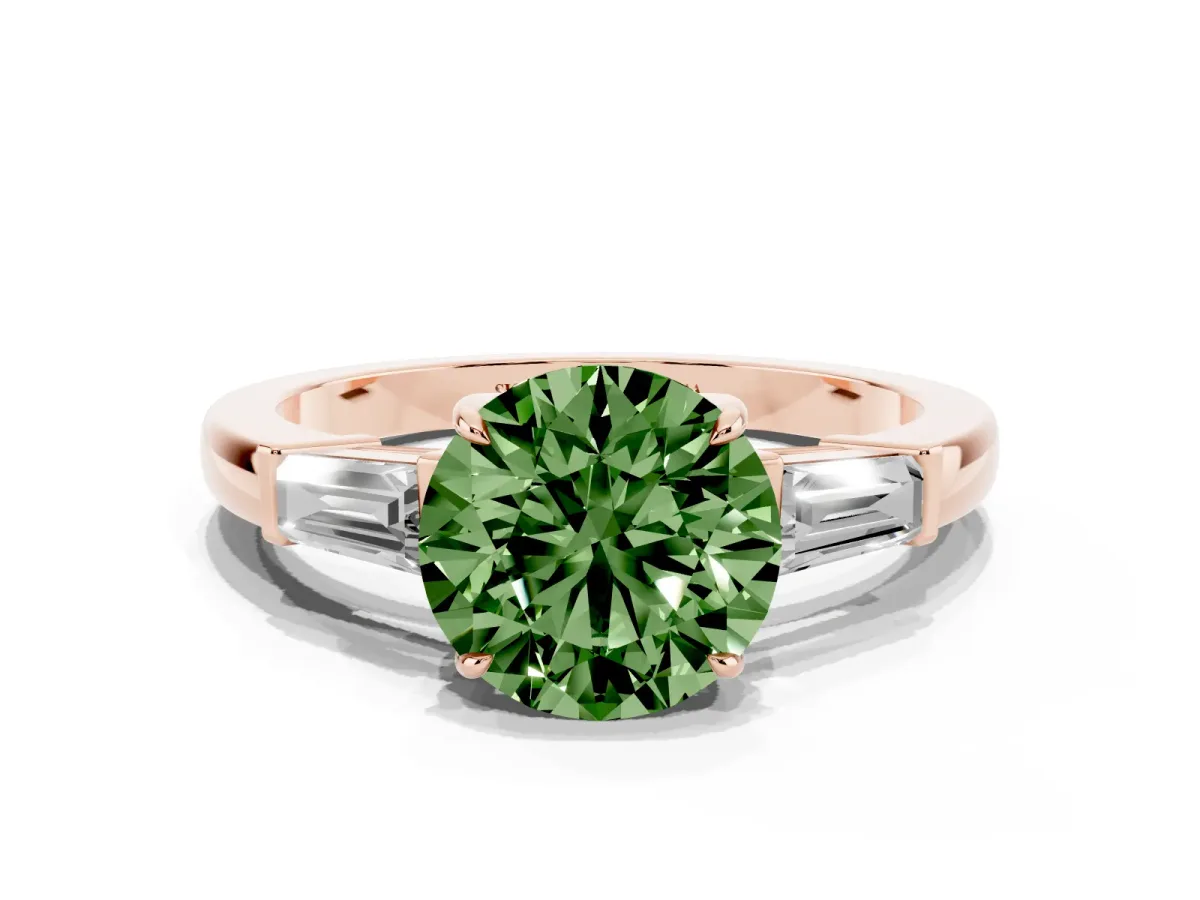 Fancy Green Round Cut Diamond Three-Stone Ring with Tapered Baguette Side Stones and Prong Setting Rose gold