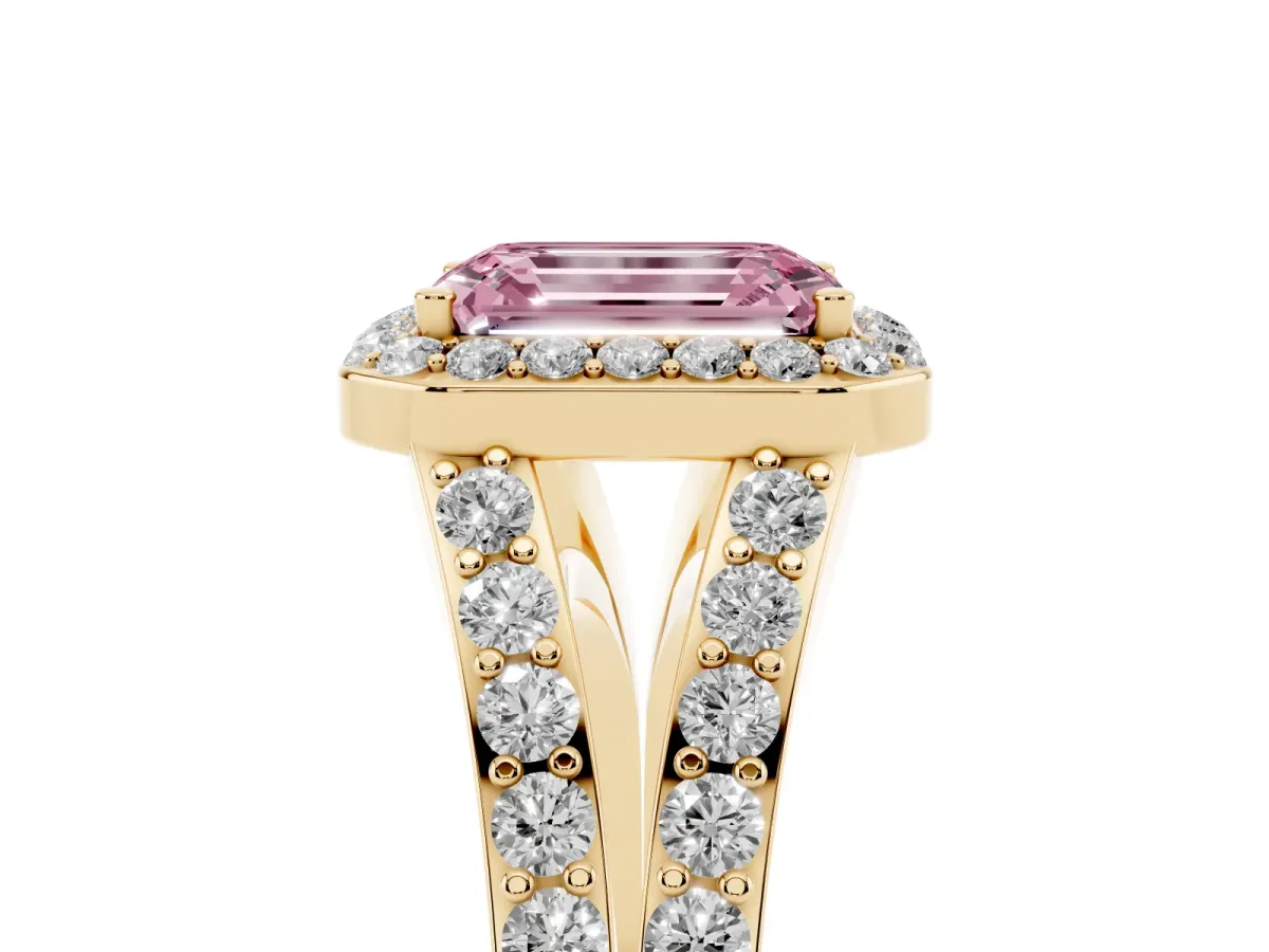 Fancy Pink Emerald Cut Diamond Split Shank Halo Ring with Four-Prong Setting Yellow gold