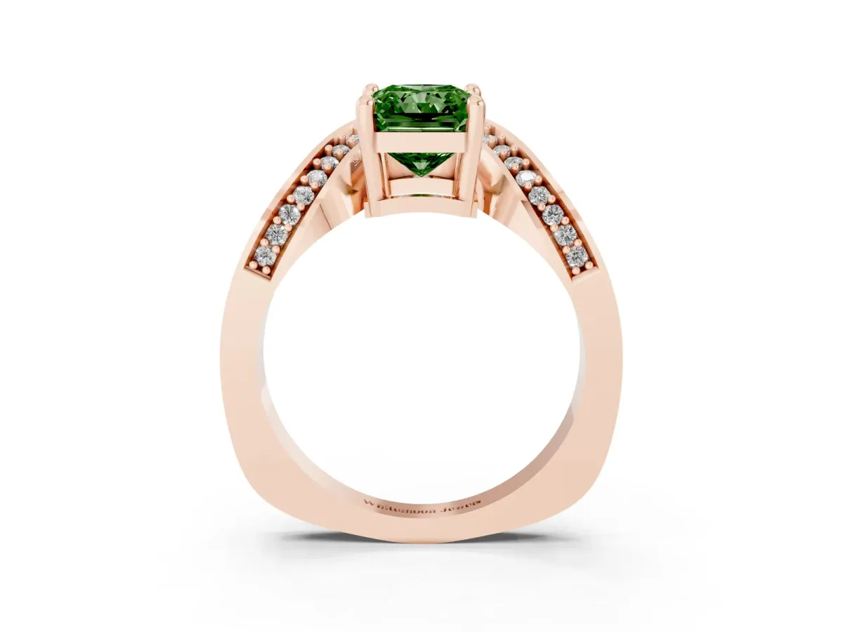 Fancy Green Radiant Cut Solitaire Diamond Engagement Ring with Pave Band and Four-Prong Setting Rose gold