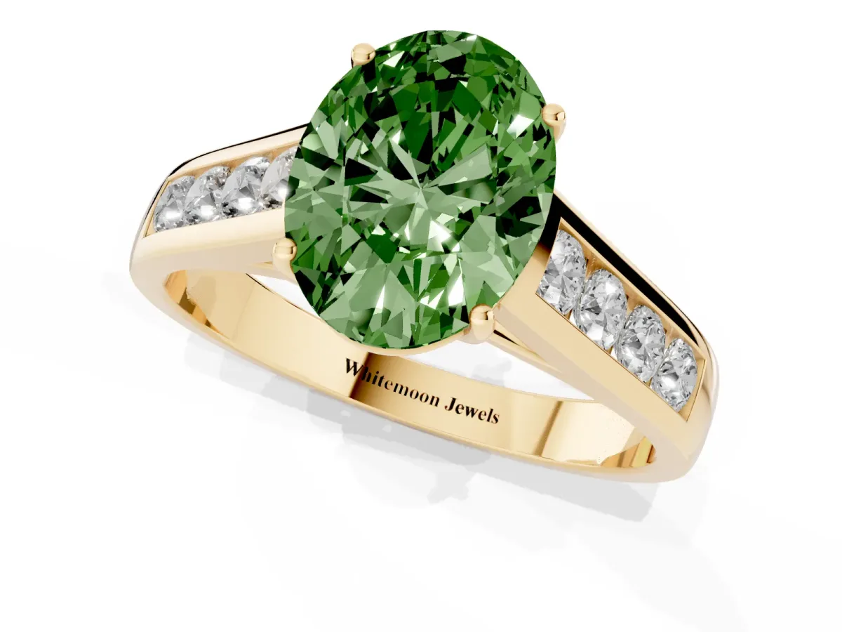 Fancy Green Oval Cut Brilliant Channel-Set Solitaire Ring with Four-Prong Setting Yellow gold