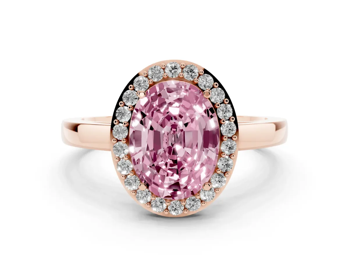 Fancy Pink Oval Cut Halo Diamond Ring with Solitaire Band and Prong Setting Rose gold