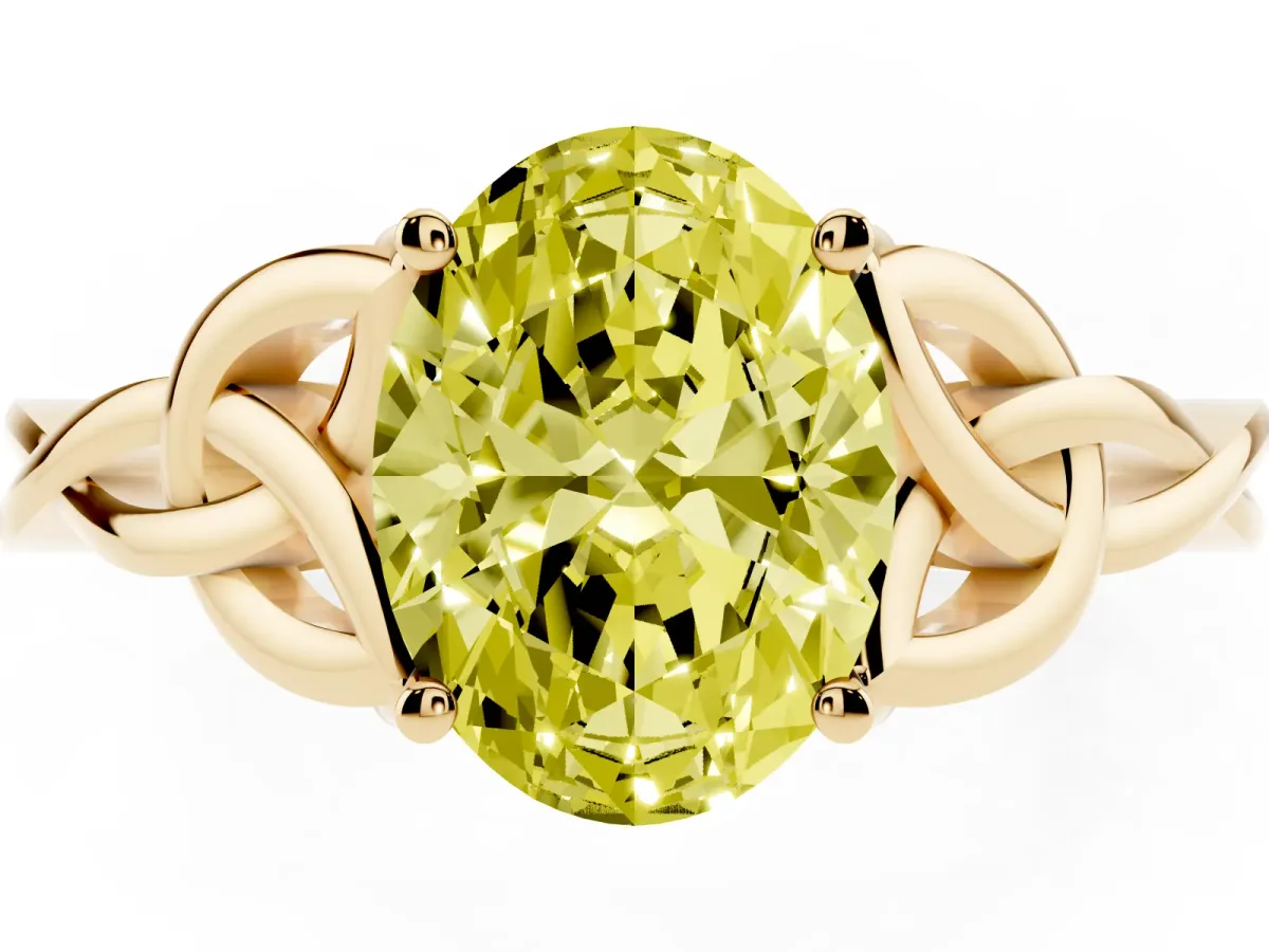 Fancy Yellow Oval Cut Diamond Solitaire Engagement Ring with Celtic Knot Band and Four-Prong Setting Yellow gold