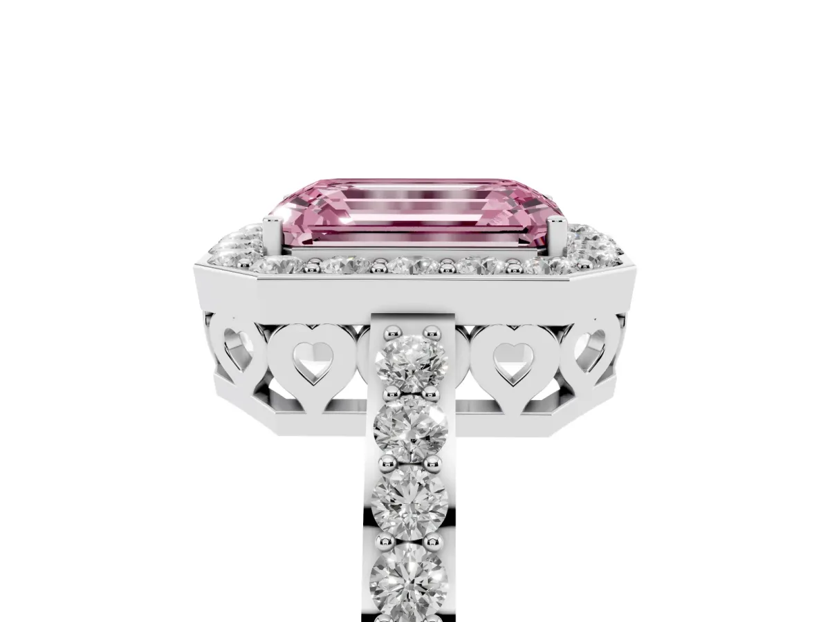 Fancy Pink Emerald Cut Halo Diamond Pavé Band Ring with Prong Setting Platinum