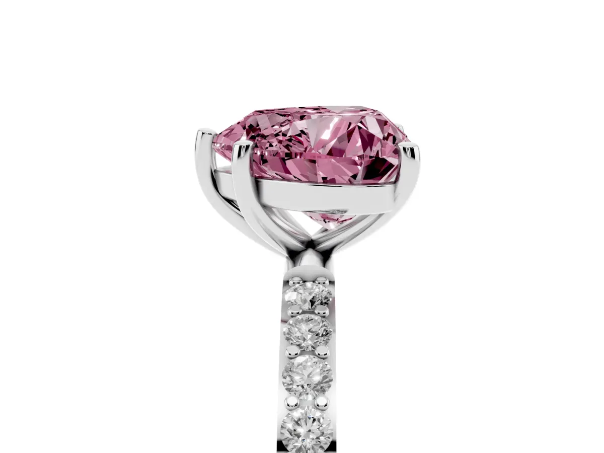 Fancy Pink Heart Cut Diamond Solitaire Ring with Round Pavé Shoulders and Prong Setting Silver