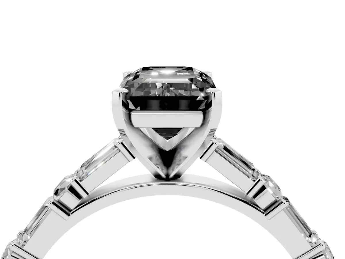 Fancy Black Emerald Cut Diamond Solitaire with Side Baguettes and Channel Set Band Silver