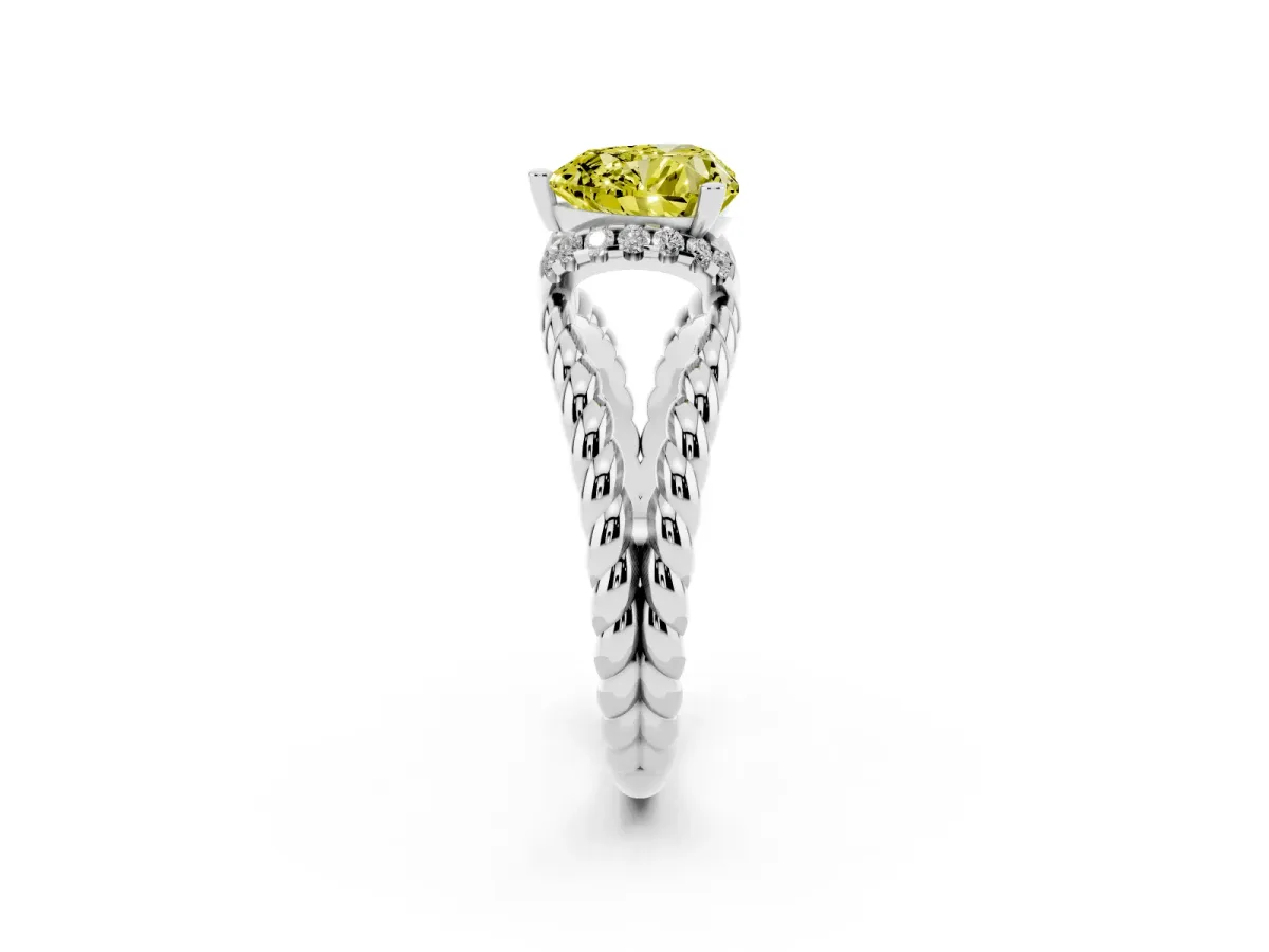 Fancy Yellow Heart Cut Halo Twisted Band Four-Prong Ring Platinum