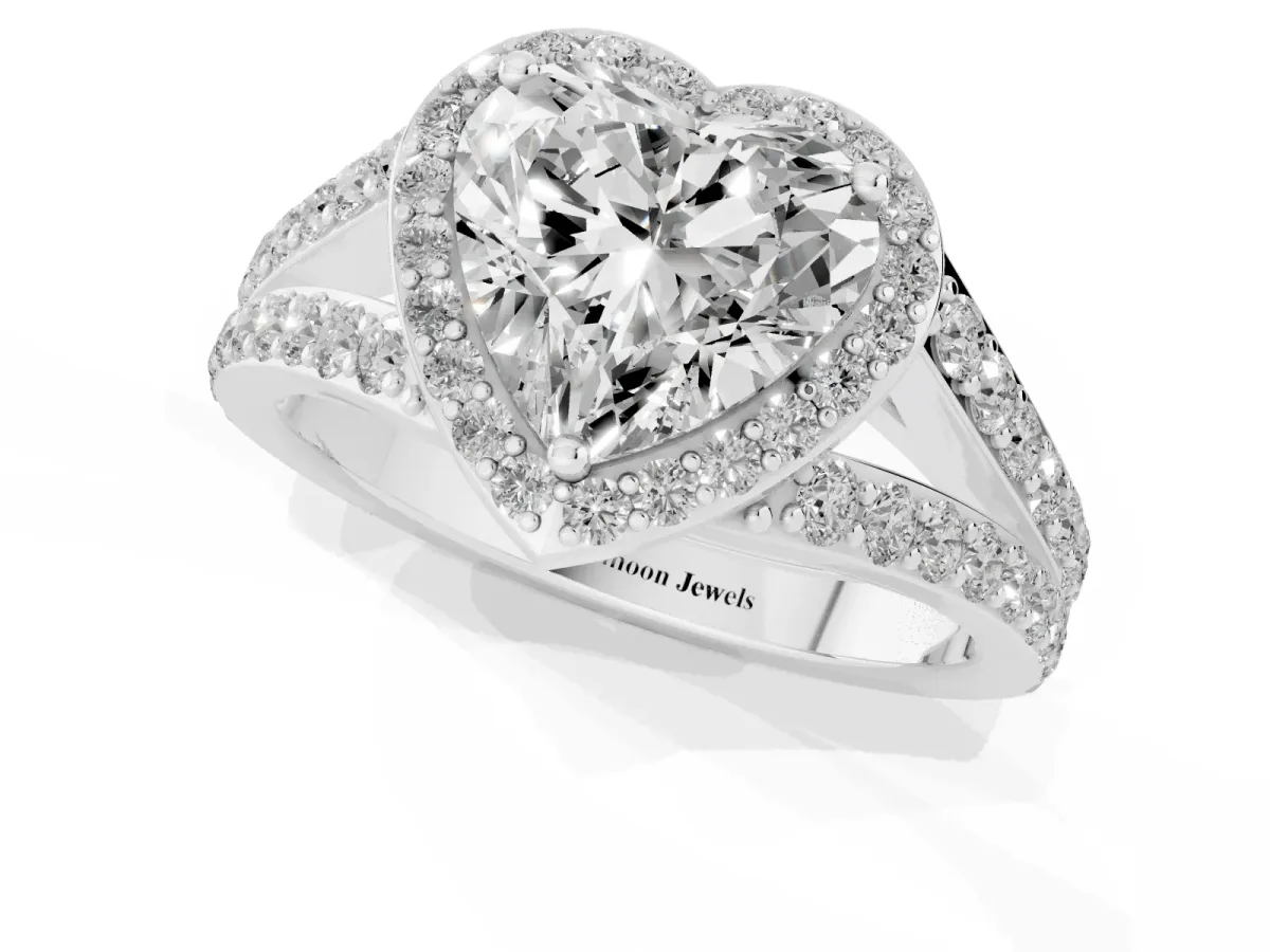 Heart Cut Diamond Split Shank Halo Ring with Four-Prong Setting Silver