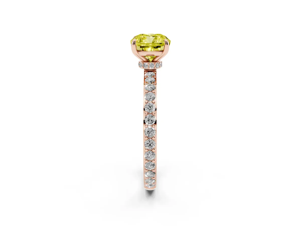 Fancy Yellow Cushion Cut Diamond Solitaire Engagement Ring with Pavé Band and Four-Prong Setting Rose gold