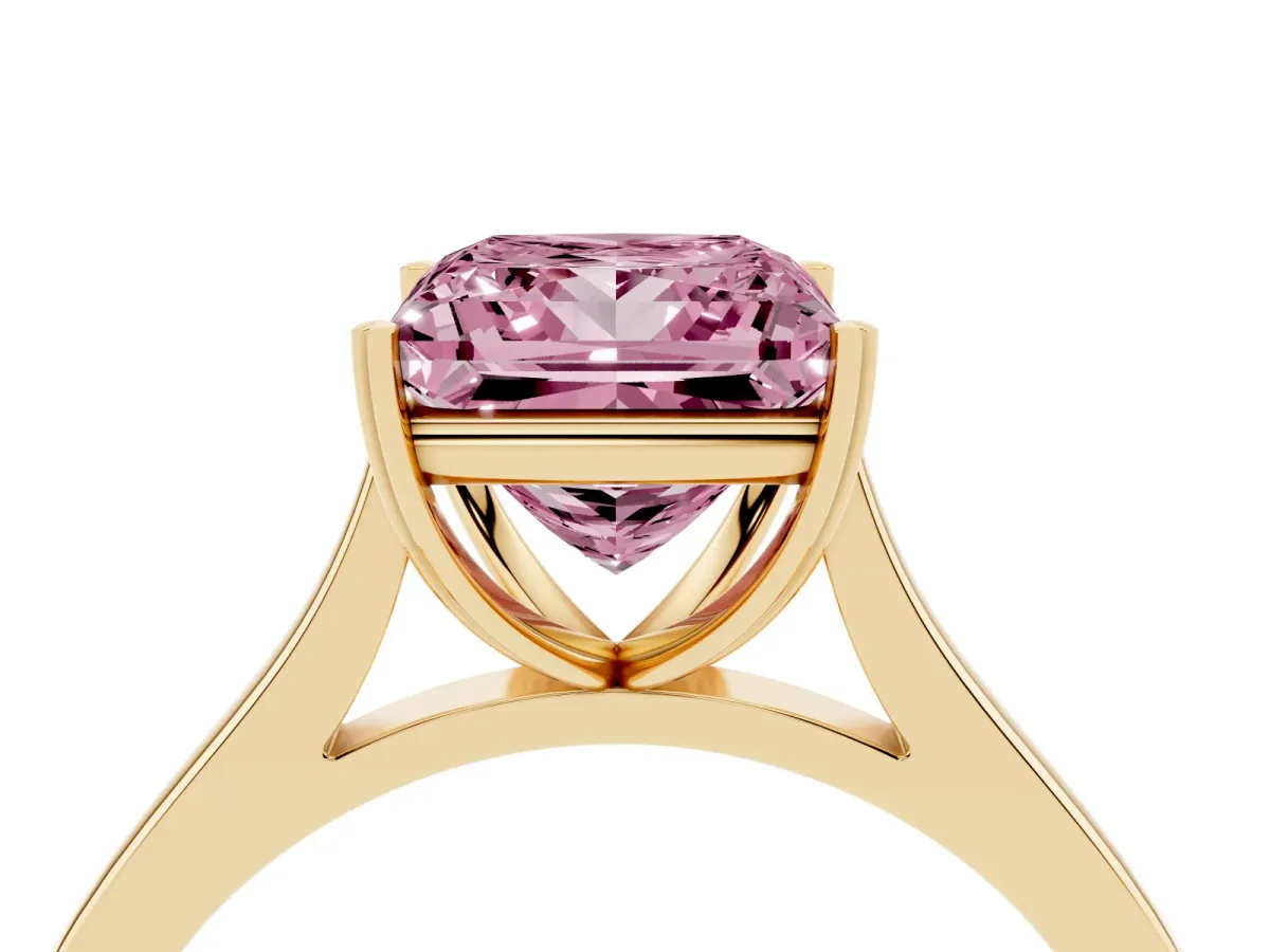 Fancy Pink Princess Cut Solitaire Heart Prong Engagement Ring with Tapered Band Yellow gold