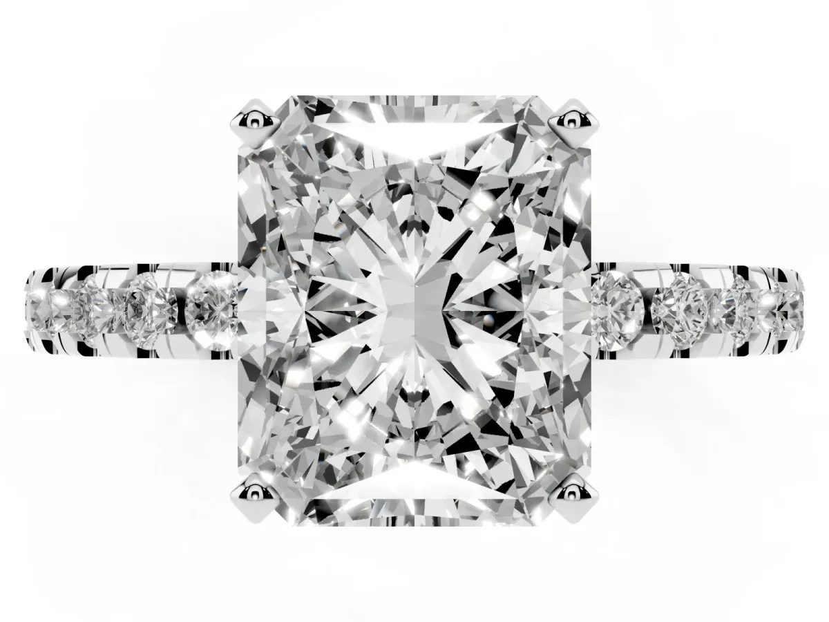 Radiant Cut Diamond Solitaire Ring with Round Pavé Band and Four-Prong Setting Silver