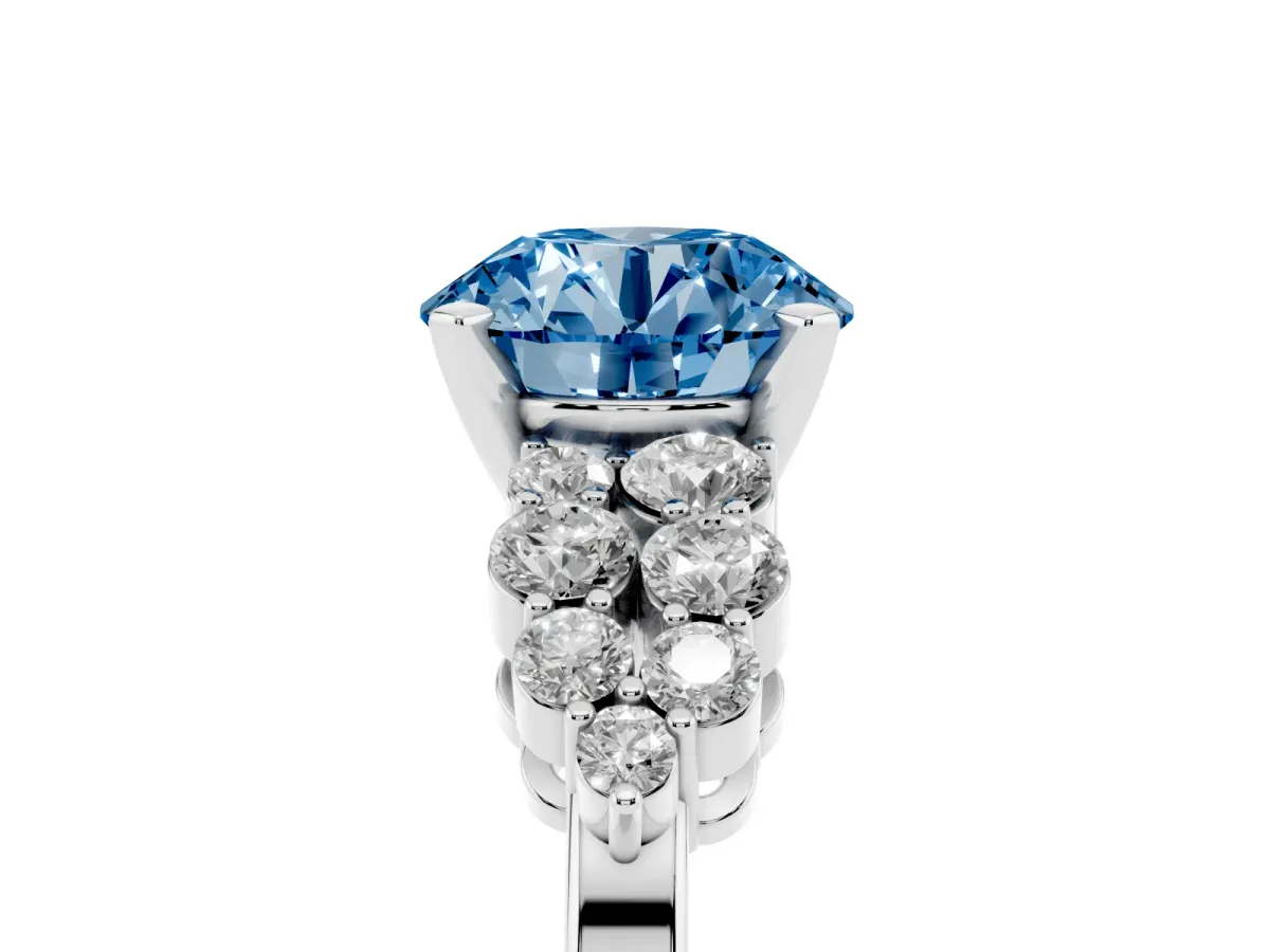 Fancy Blue Round Cut Cluster Diamond Engagement Ring with Pavé Band and Four-Prong Setting Silver