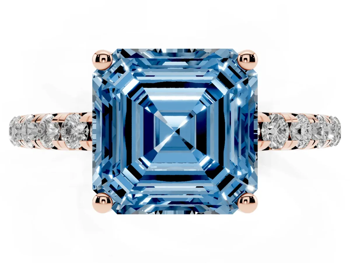 Fancy Blue Asscher Cut Cut Diamond Solitaire Ring with Micro Pave Band and Four Prong Setting Rose gold