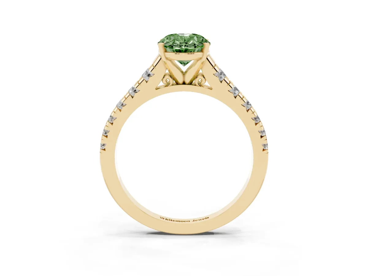 Fancy Green Oval Cut Diamond Cathedral Solitaire Ring with Round Pavé Band Yellow gold