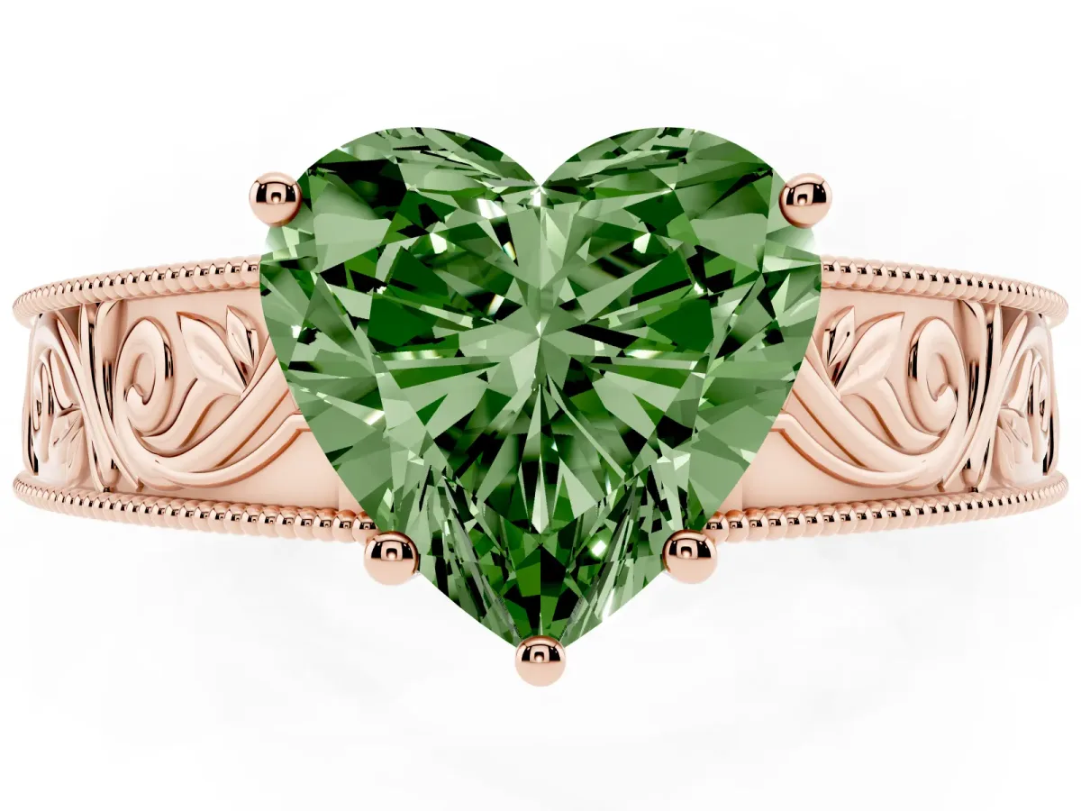 Fancy Green Heart Cut Diamond Solitaire Ring with Engraved Band and Four-Prong Setting Rose gold