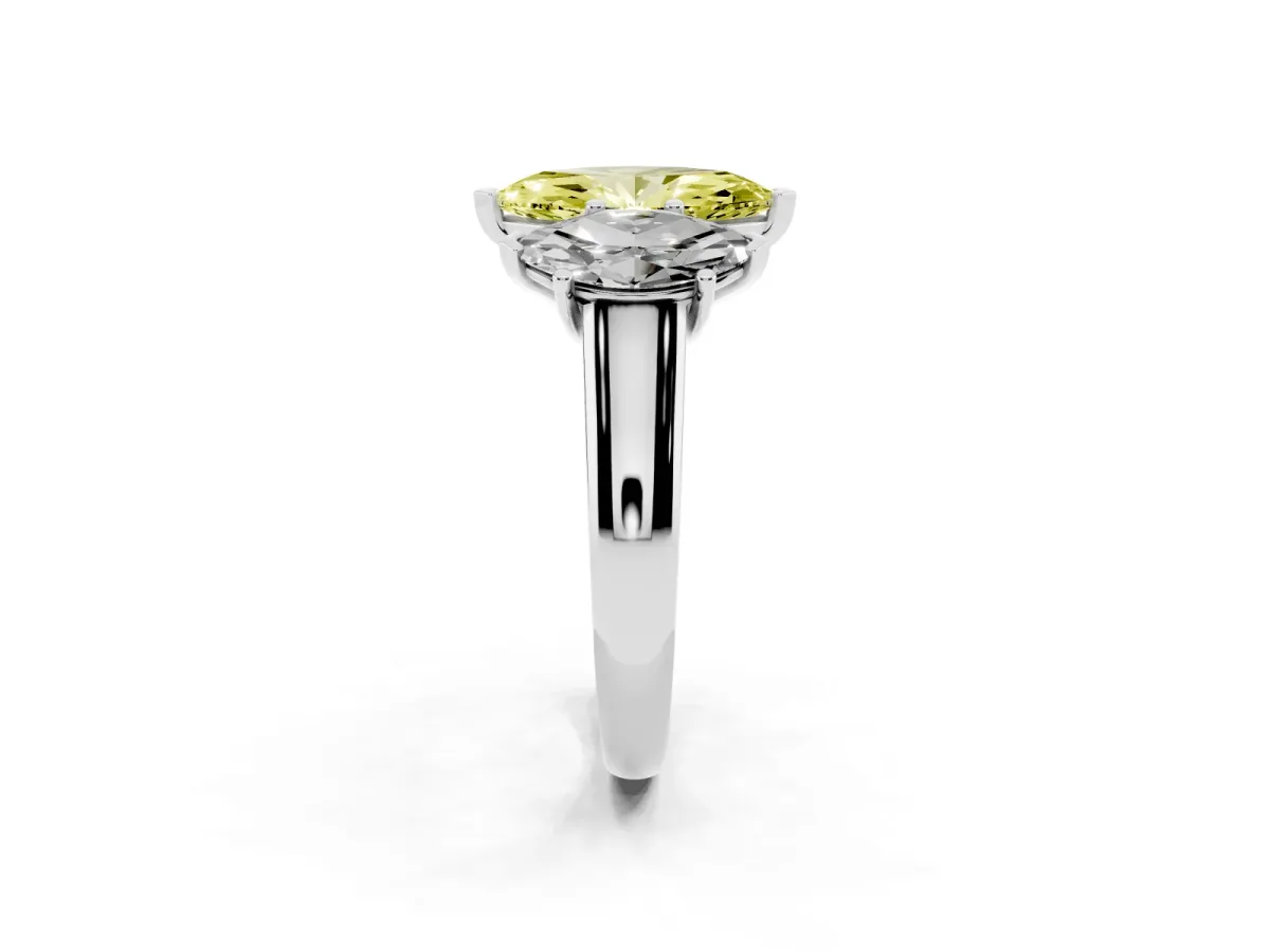 Fancy Yellow Marquise Cut Three-Stone Diamond Ring with Prong Setting on a Classic Band Silver