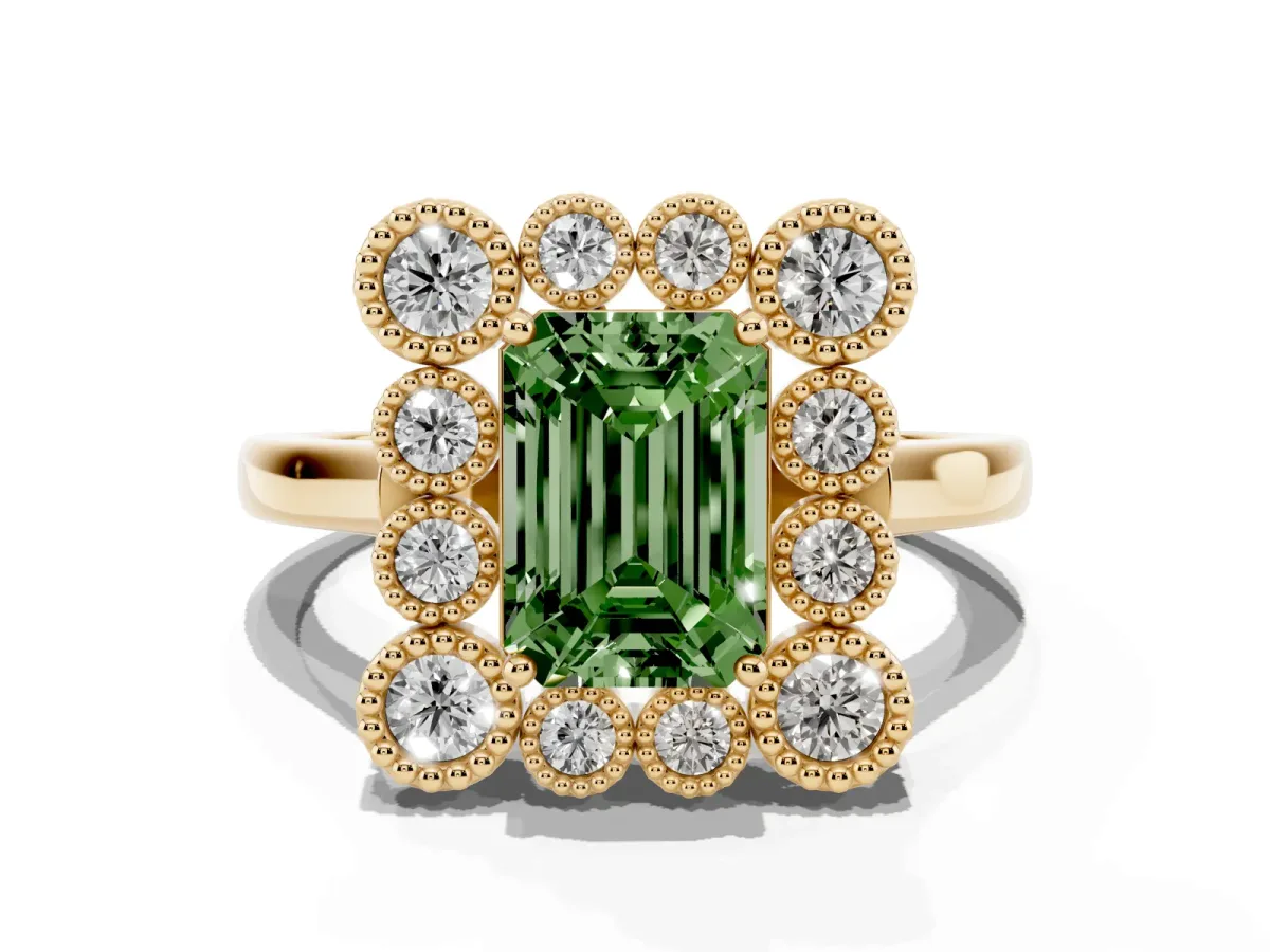 Fancy Green Emerald Cut Halo Diamond Cluster Engagement Ring with Milgrain Bezel Setting and Solitaire Band Yellow gold