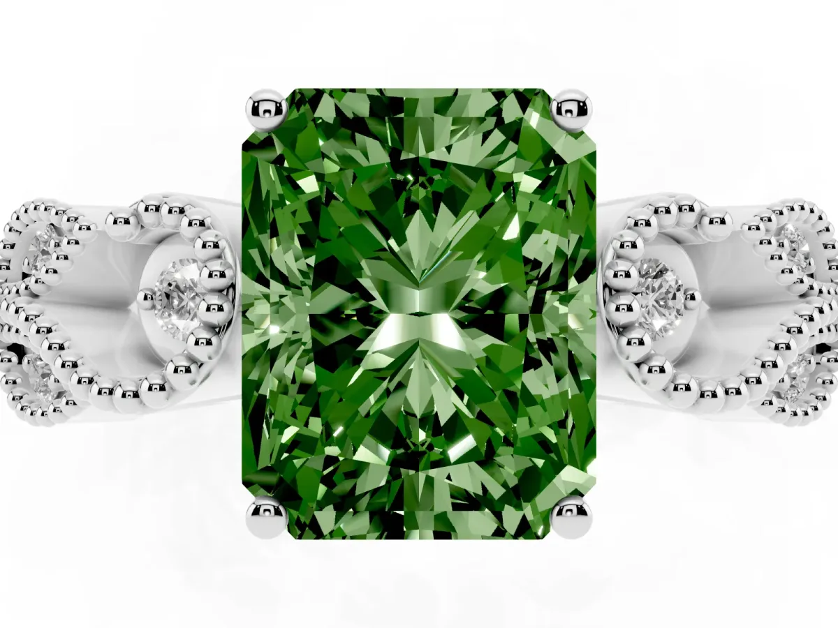 Fancy Green Radiant Cut Solitaire Milgrain Leaf Band with Prong Setting Silver