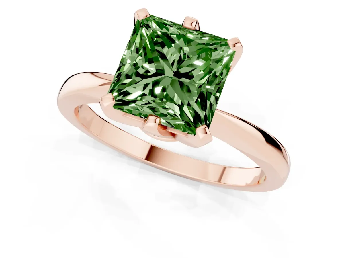Fancy Green Princess Cut Solitaire Engagement Ring with Six-Prong Setting and Tapered Band Rose gold