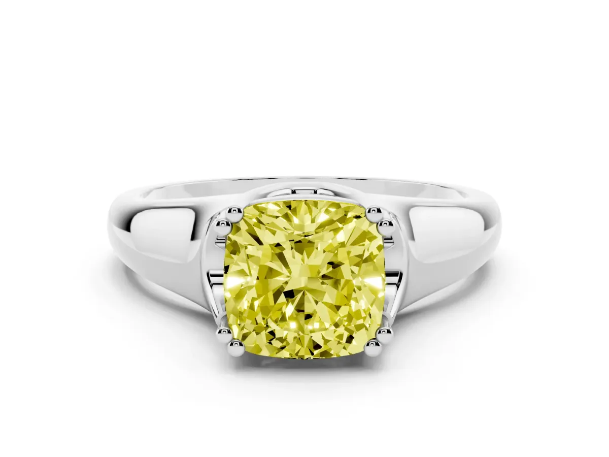 Fancy Yellow Cushion Cut Diamond Solitaire Ring with Wide Band and Prong Setting Silver