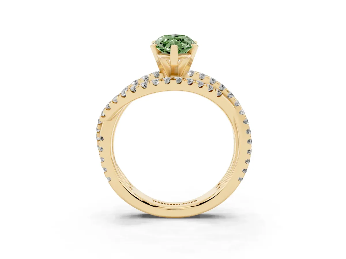 Fancy Green Marquise Cut Solitaire Twist Band with Pavé Setting and Four-Prong Setting Yellow gold