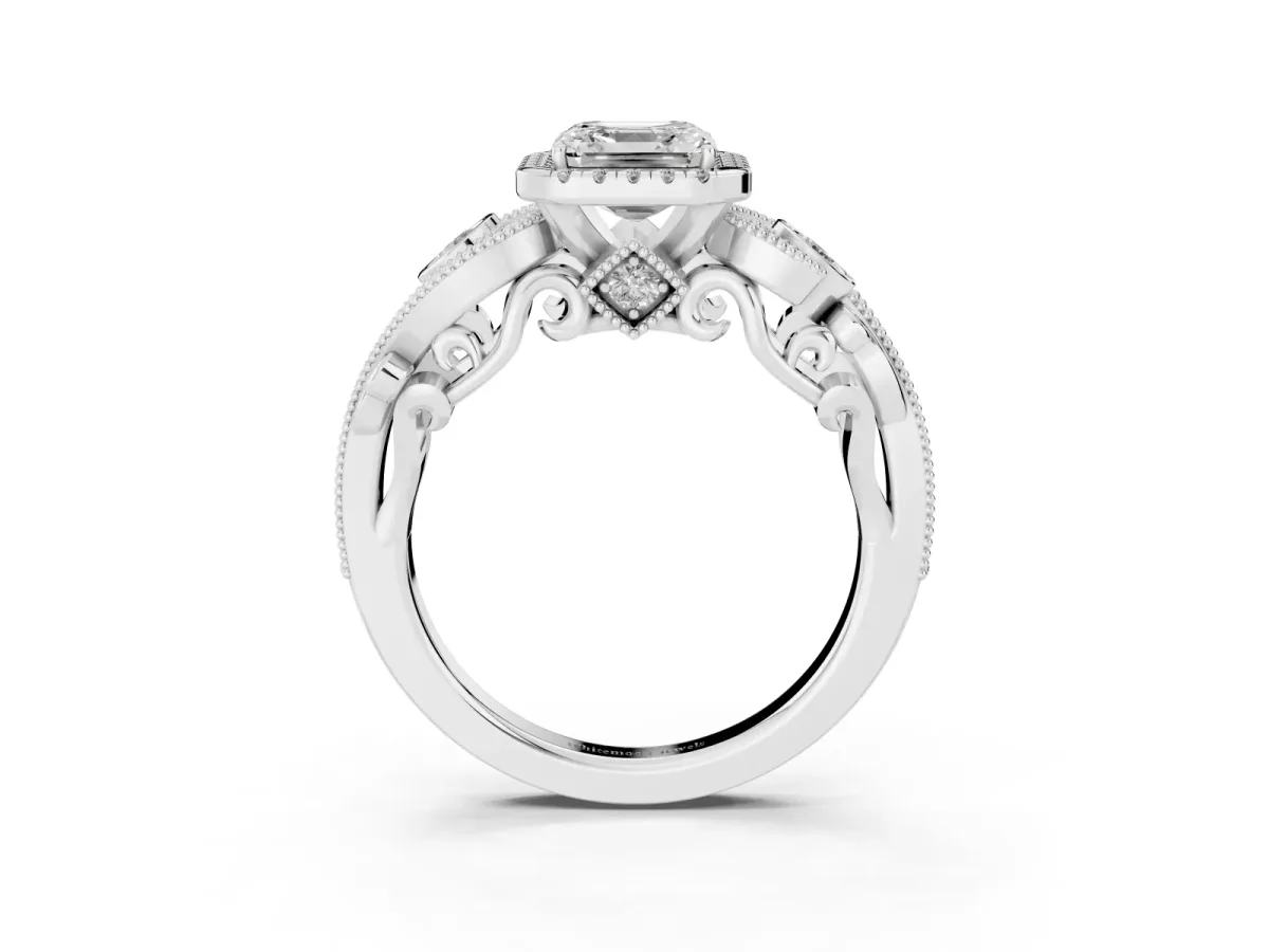 Asscher Cut Halo Diamond Ring with Milgrain and Bezel Accents on a Split Shank Band Platinum
