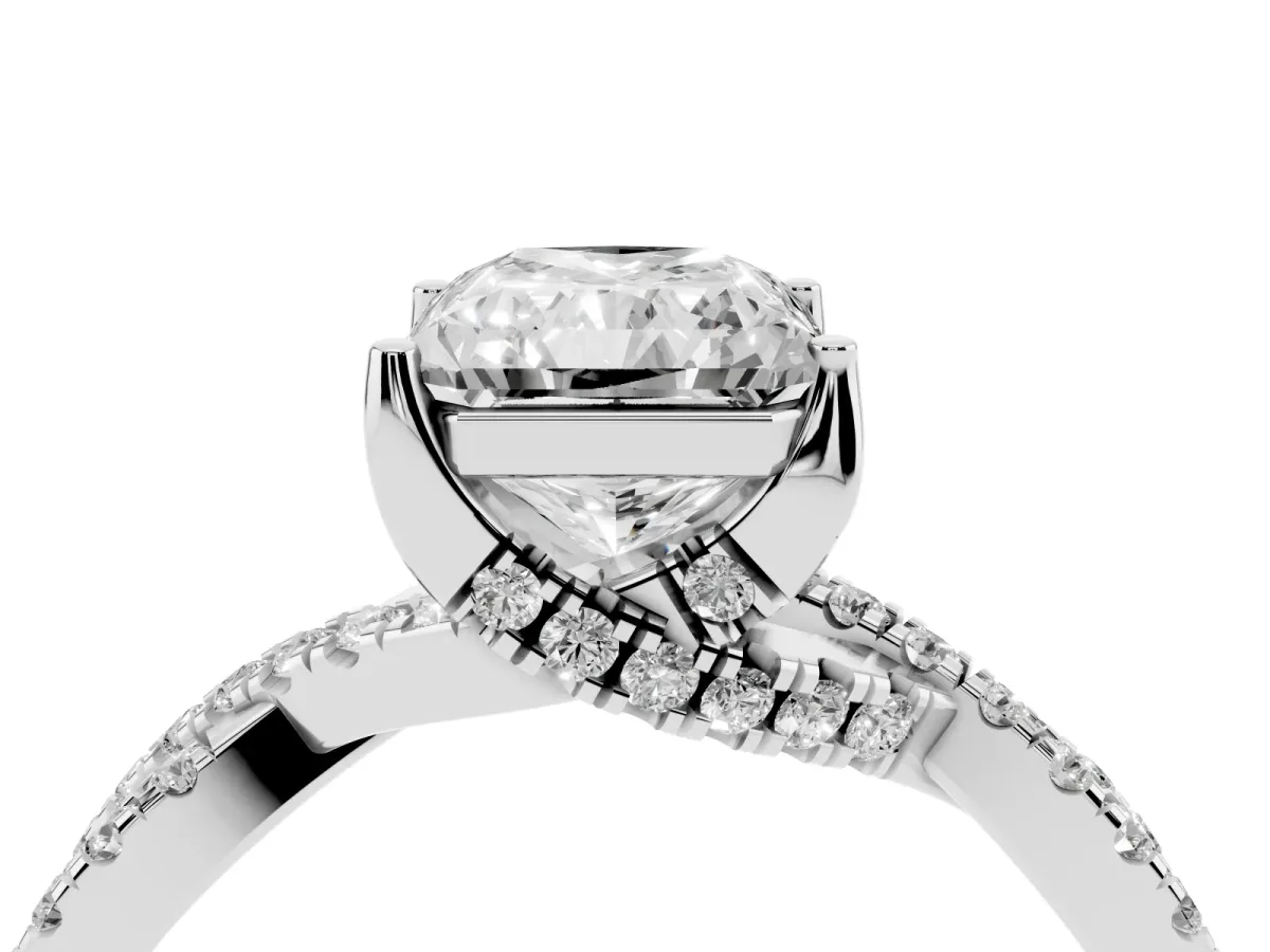 Radiant Cut Solitaire Twist Pave Diamond Engagement Ring with Prong Setting Silver
