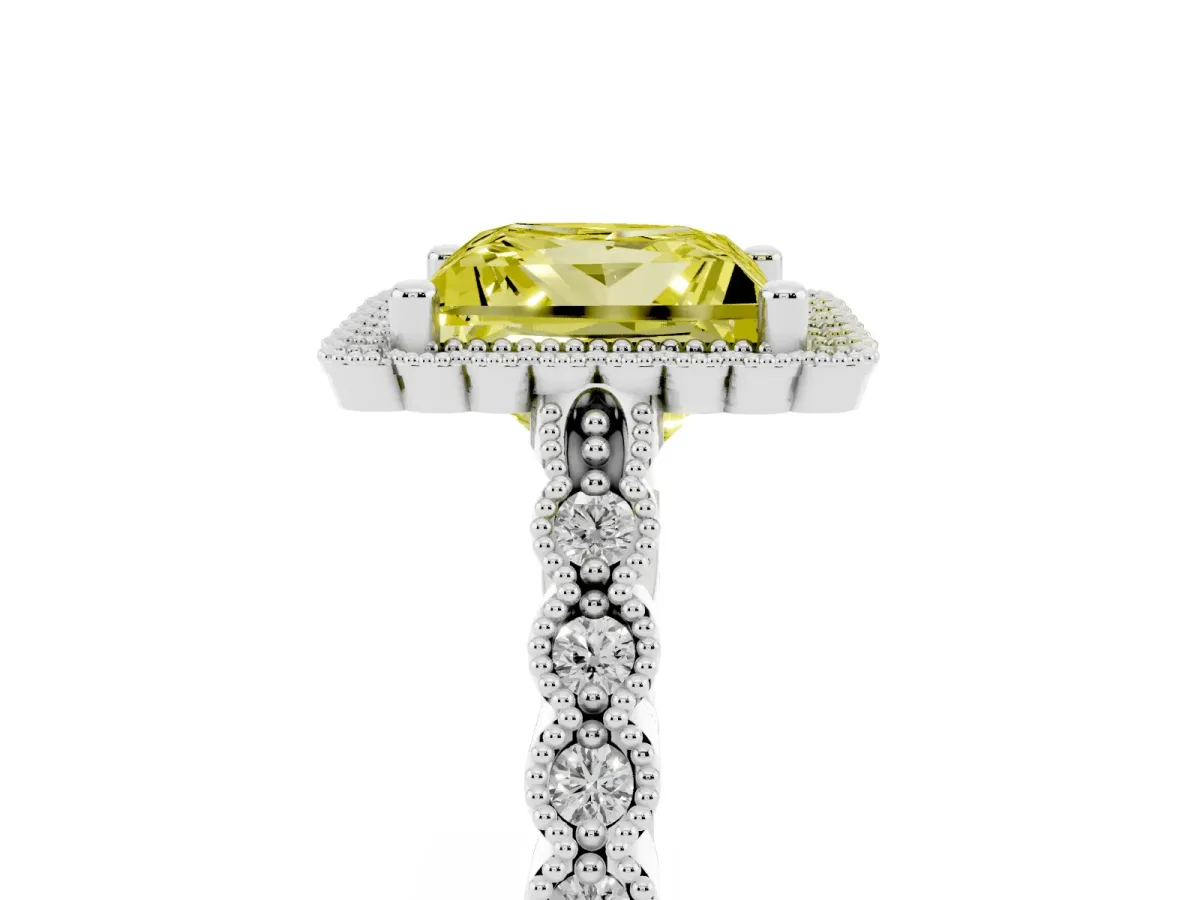 Fancy Yellow Princess Cut Cut Halo Pavé Solitaire Ring with Milgrain Band Platinum