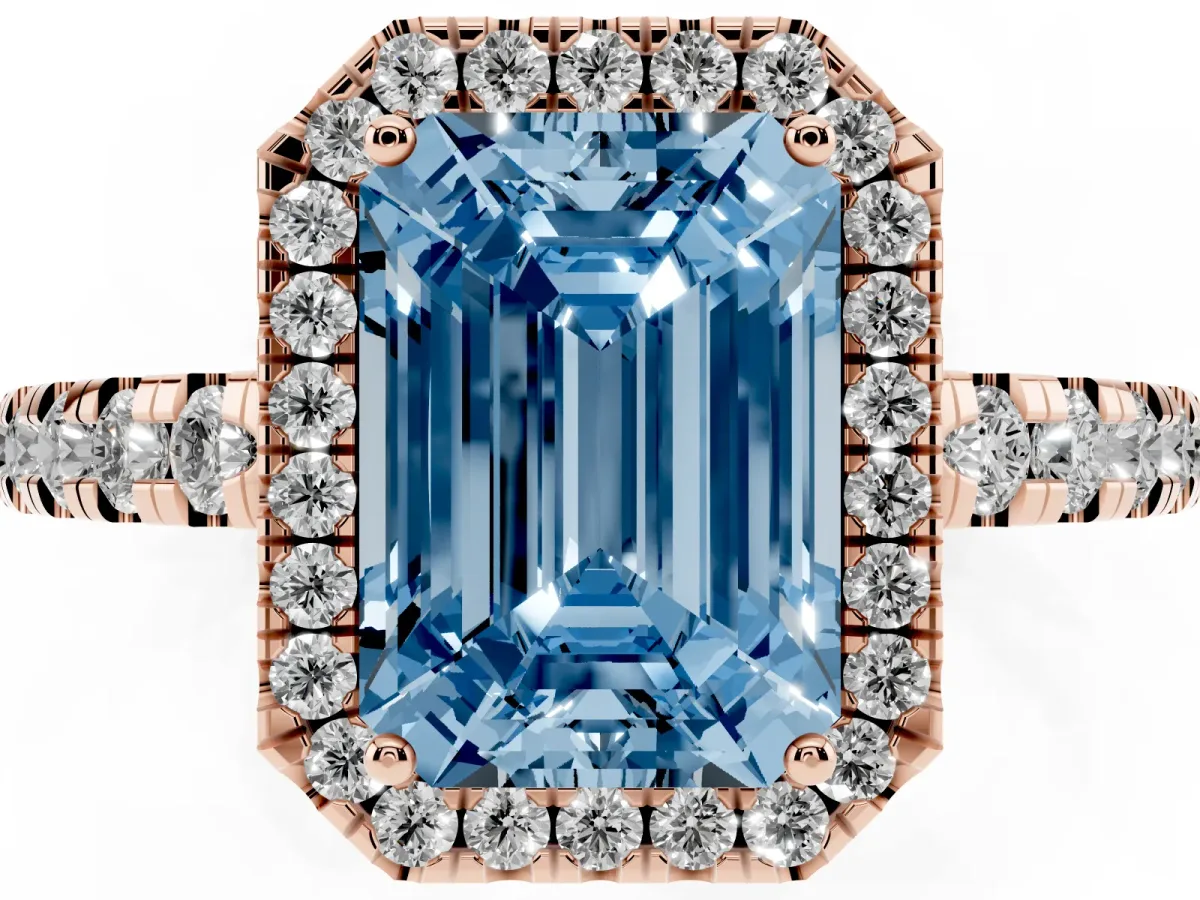 Fancy Blue Emerald Cut Diamond Halo Ring with Pavé Band and Four-Prong Setting Rose gold