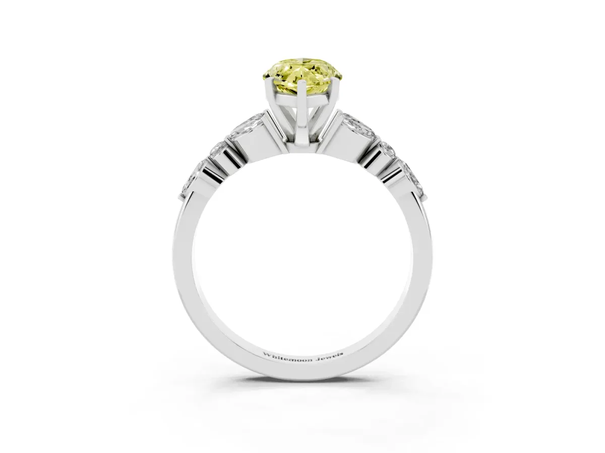Fancy Yellow Marquise Cut Diamond Solitaire Ring with Side Stones and Four-Prong Setting Silver