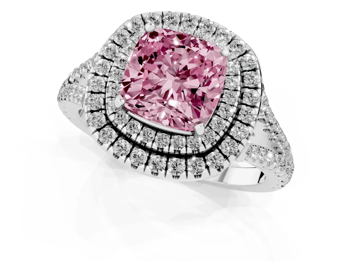 Fancy Pink Cushion Cut Diamond Double Halo Ring with Pavé Band and Prong Setting Silver