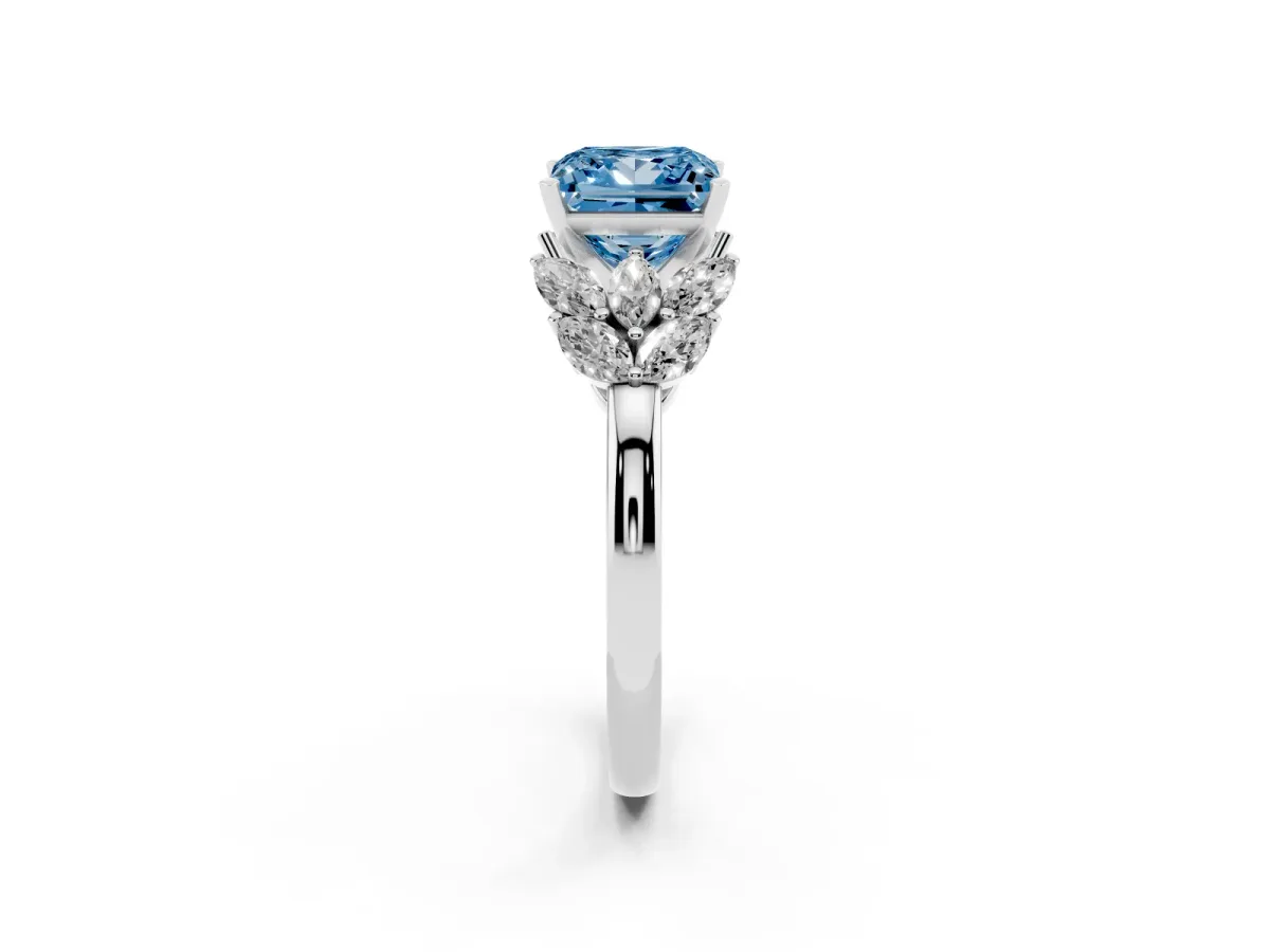 Fancy Blue Princess Cut Diamond Cluster Leaf Design Ring with Prong Setting Silver