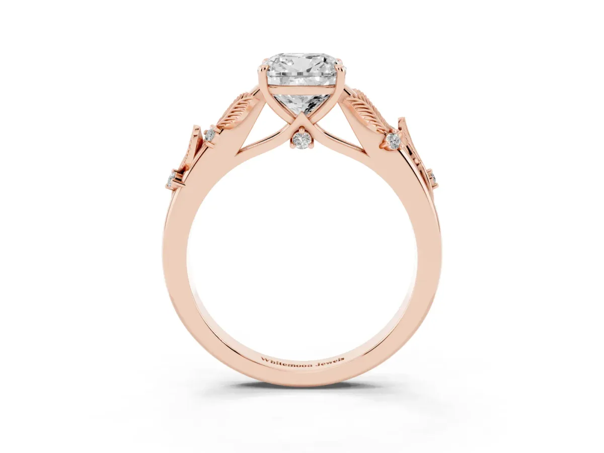 Cushion Cut Diamond Solitaire Ring with Leaf Motif Band and Four-Prong Setting Rose gold