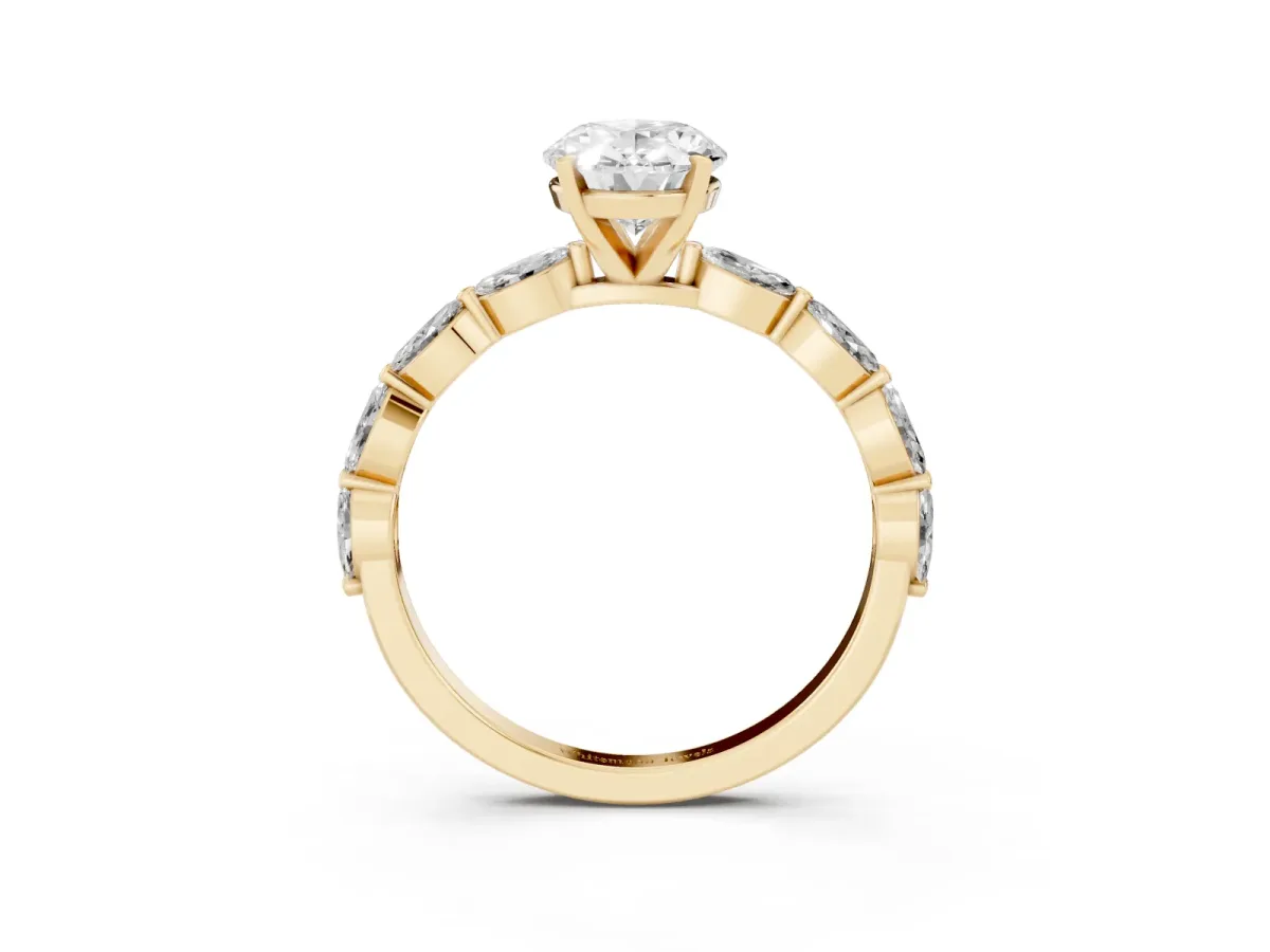 Oval Cut Diamond Ring with Marquise Side Stones and Prong Setting Yellow gold