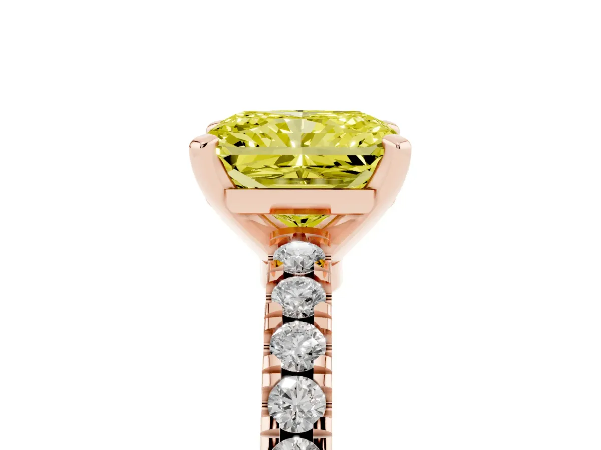 Fancy Yellow Radiant Cut Solitaire Diamond with Pavé Band and Four-Prong Setting Rose gold