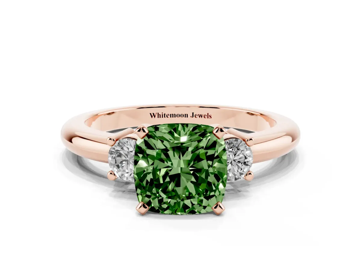Fancy Green Three-Stone Cushion Cut Cut Diamond Solitaire with Prong Setting and Classic Band Rose gold