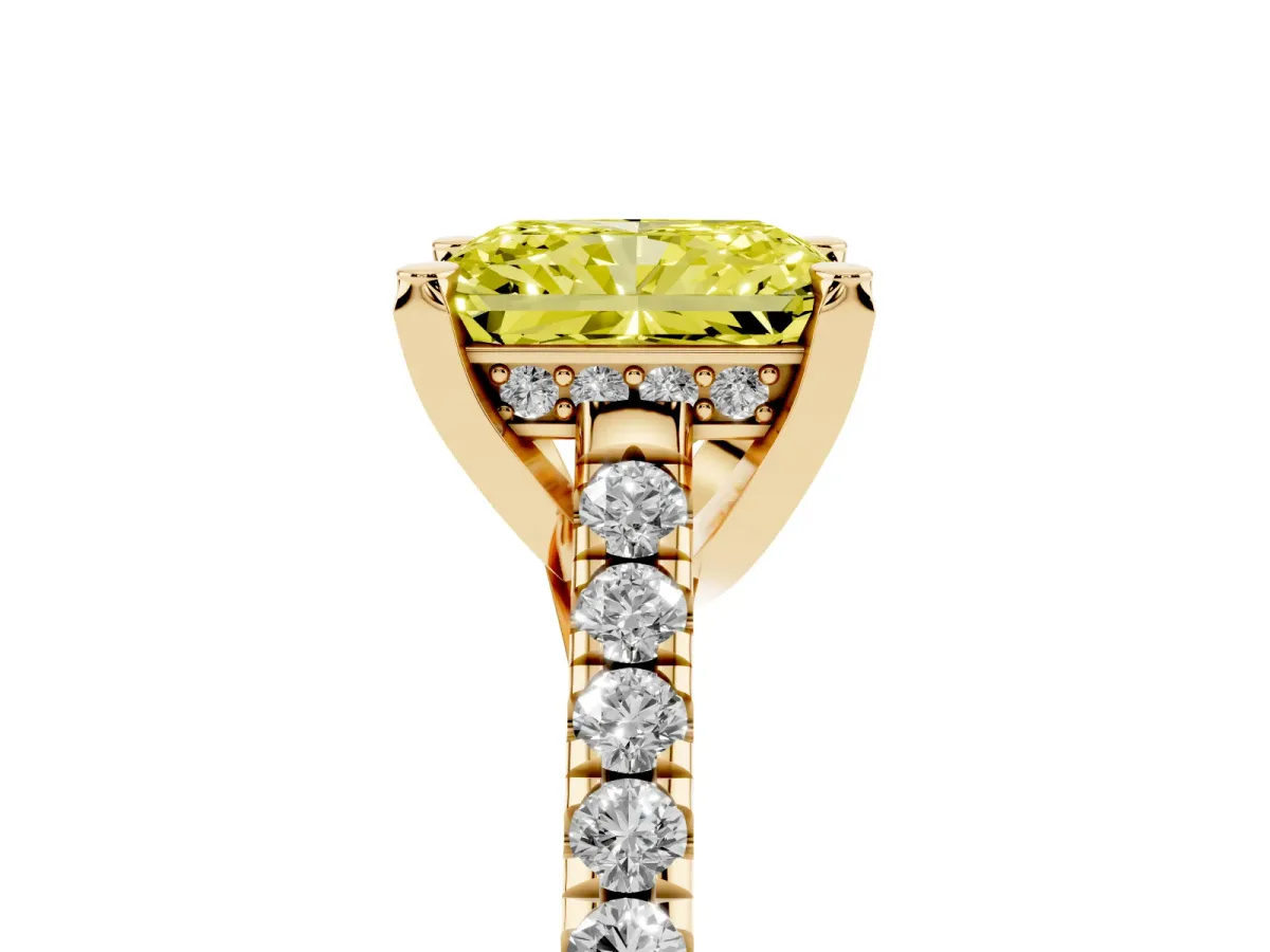 Fancy Yellow Radiant Cut Brilliant Diamond Solitaire with Pavé Band and Four-Prong Setting Yellow gold