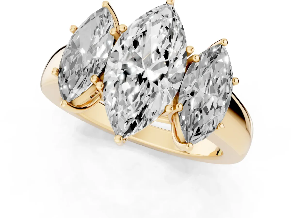 Three-Stone Marquise Cut Cut Diamond Ring with Prong Setting and Classic Band Yellow gold