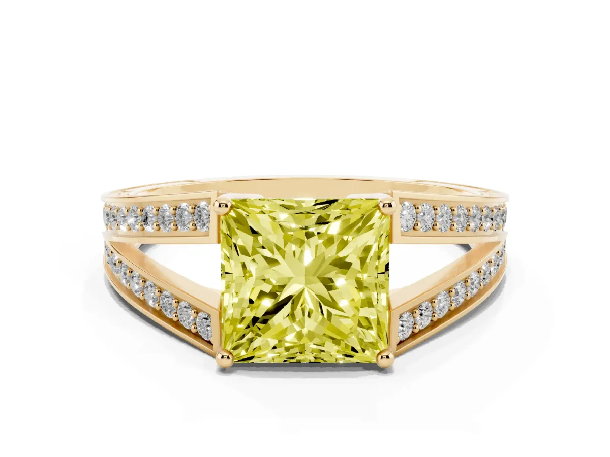 Fancy Yellow Princess Cut Diamond Split Shank Ring with Pavé Band and Four-Prong Setting Yellow gold