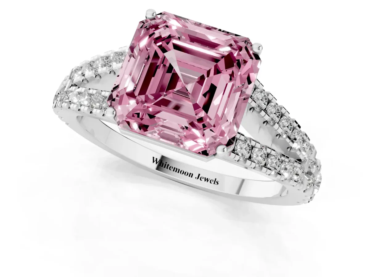 Fancy Pink Asscher Cut Diamond Split Shank Pavé Engagement Ring with Four-Prong Setting Silver