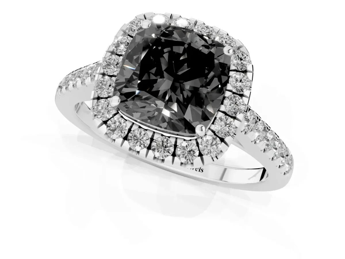 Fancy Black Cushion Cut Halo Pave Diamond Engagement Ring with Four-Prong Setting Silver