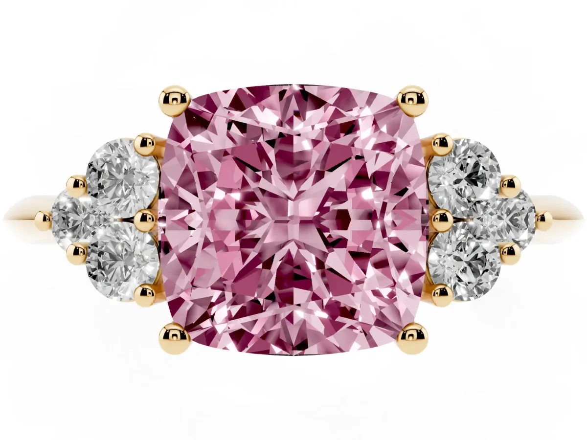 Fancy Pink Cushion Cut Cut Diamond Cluster Ring with Solitaire Band and Four-Prong Setting Yellow gold