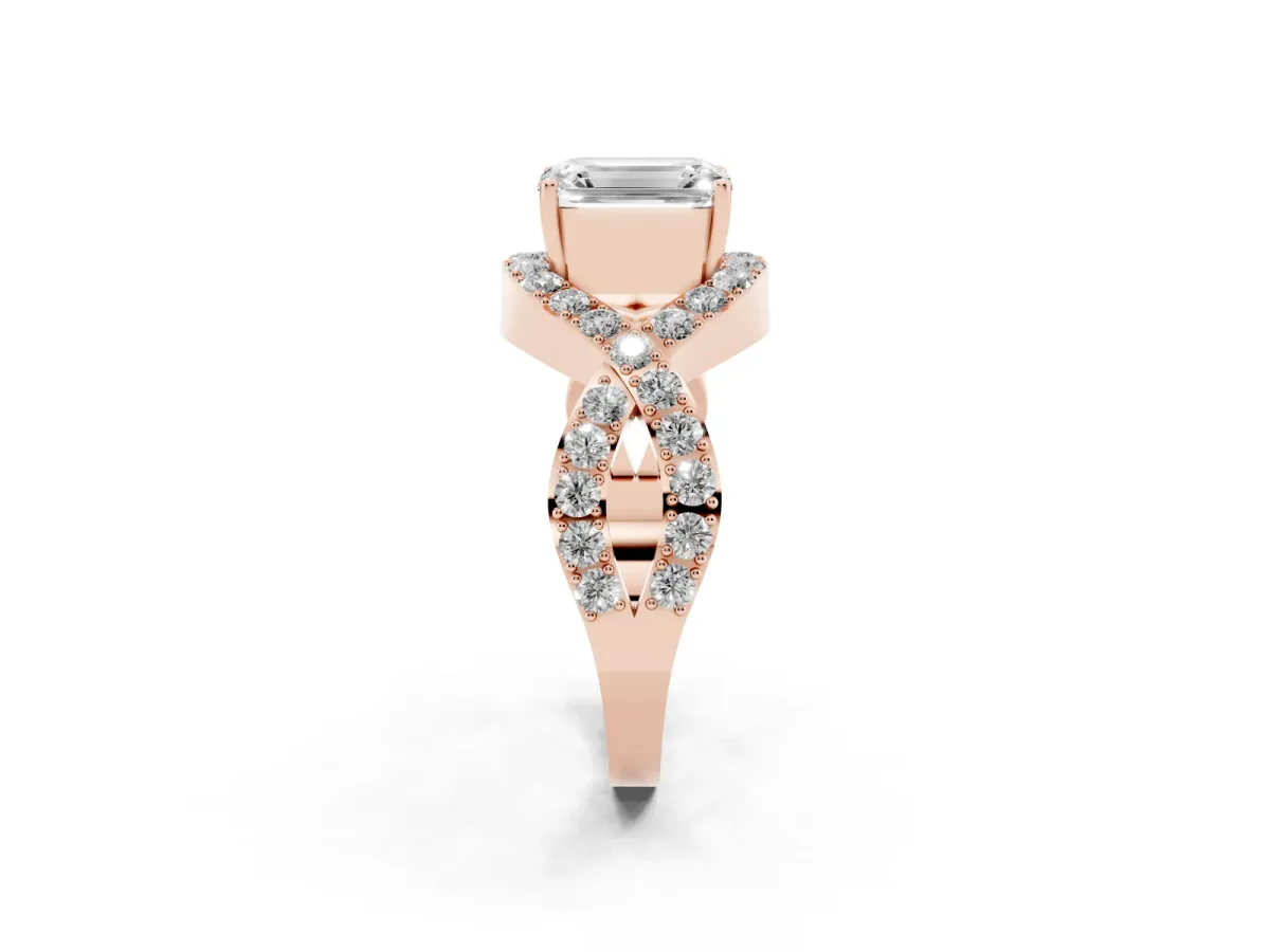 Emerald Cut Solitaire Twist Band Pavé Diamond Engagement Ring Rose gold