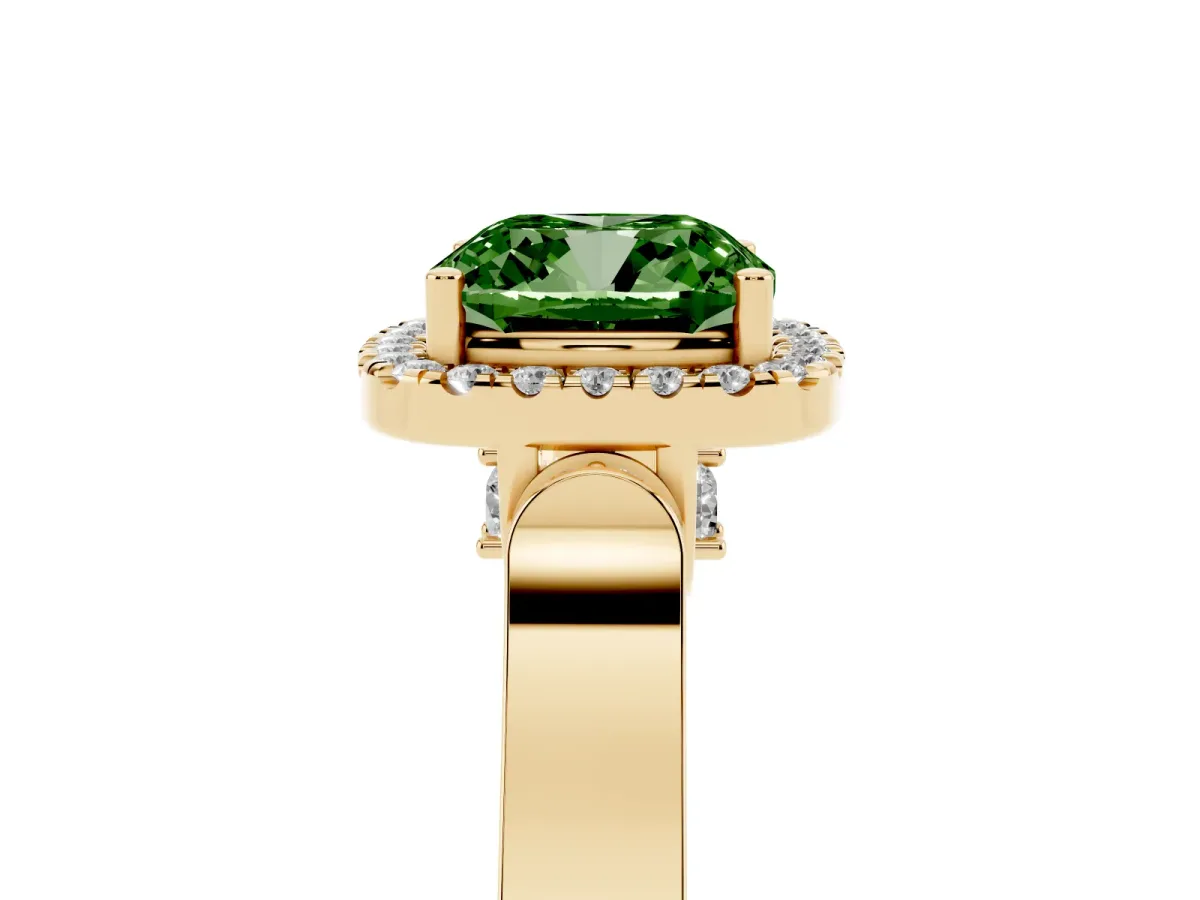 Fancy Green Cushion Cut Halo Pave Split Shank Prong Setting Ring Yellow gold