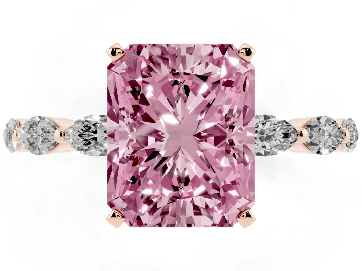 Fancy Pink Radiant Cut Diamond Ring with Marquise Side Stones and Prong Setting Rose gold