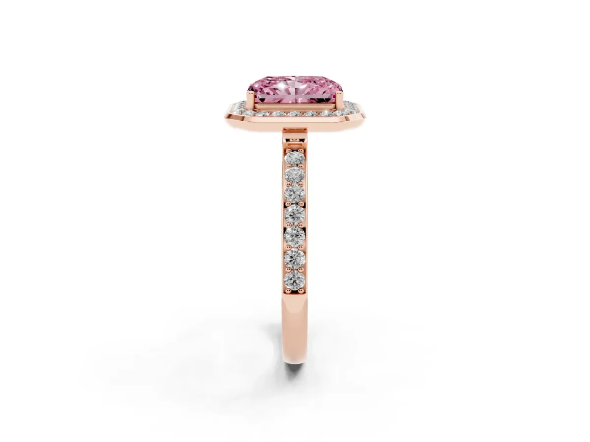 Fancy Pink Radiant Cut Diamond Halo Ring with Bezel Frame and Pavé Band Rose gold