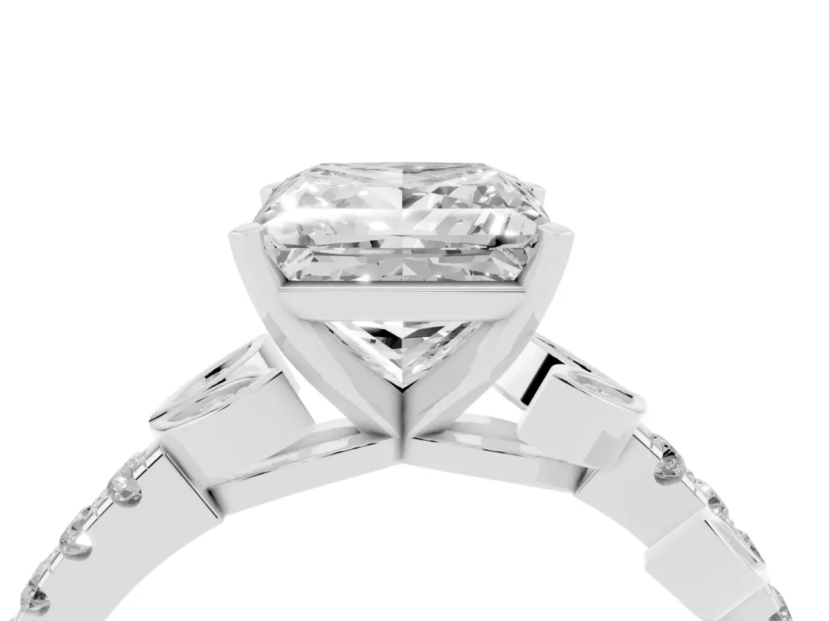 Princess Cut Solitaire Leaf-Inspired Diamond Ring with Pavé Band and Four-Prong Setting Silver