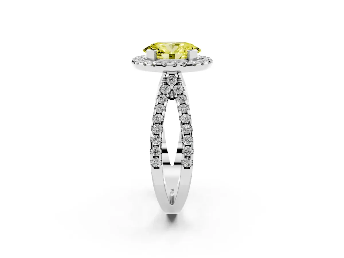 Fancy Yellow Oval Cut Diamond Halo Ring with Split Shank Pavé Band and Prong Setting Silver