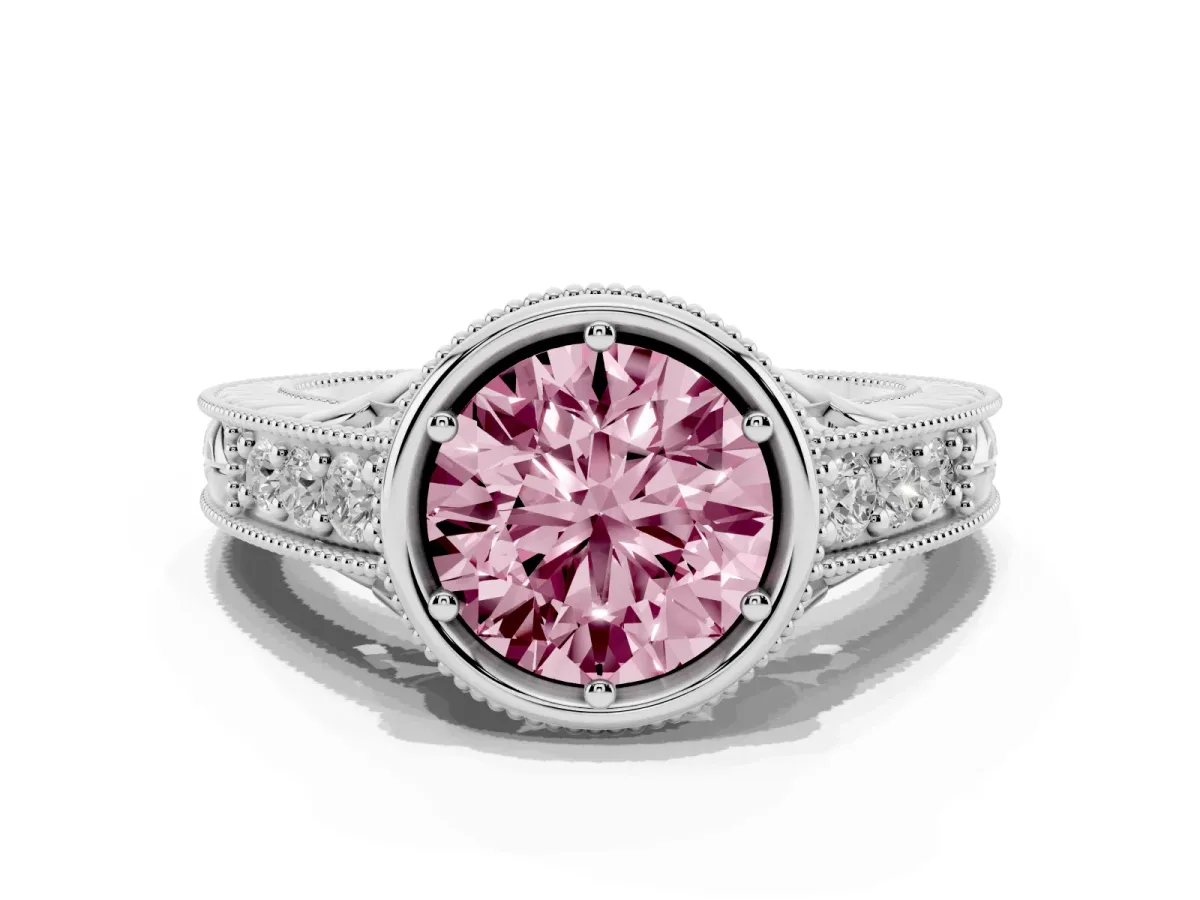 Fancy Pink Bezel Set Round Cut Diamond Milgrain Pave Engagement Ring Silver