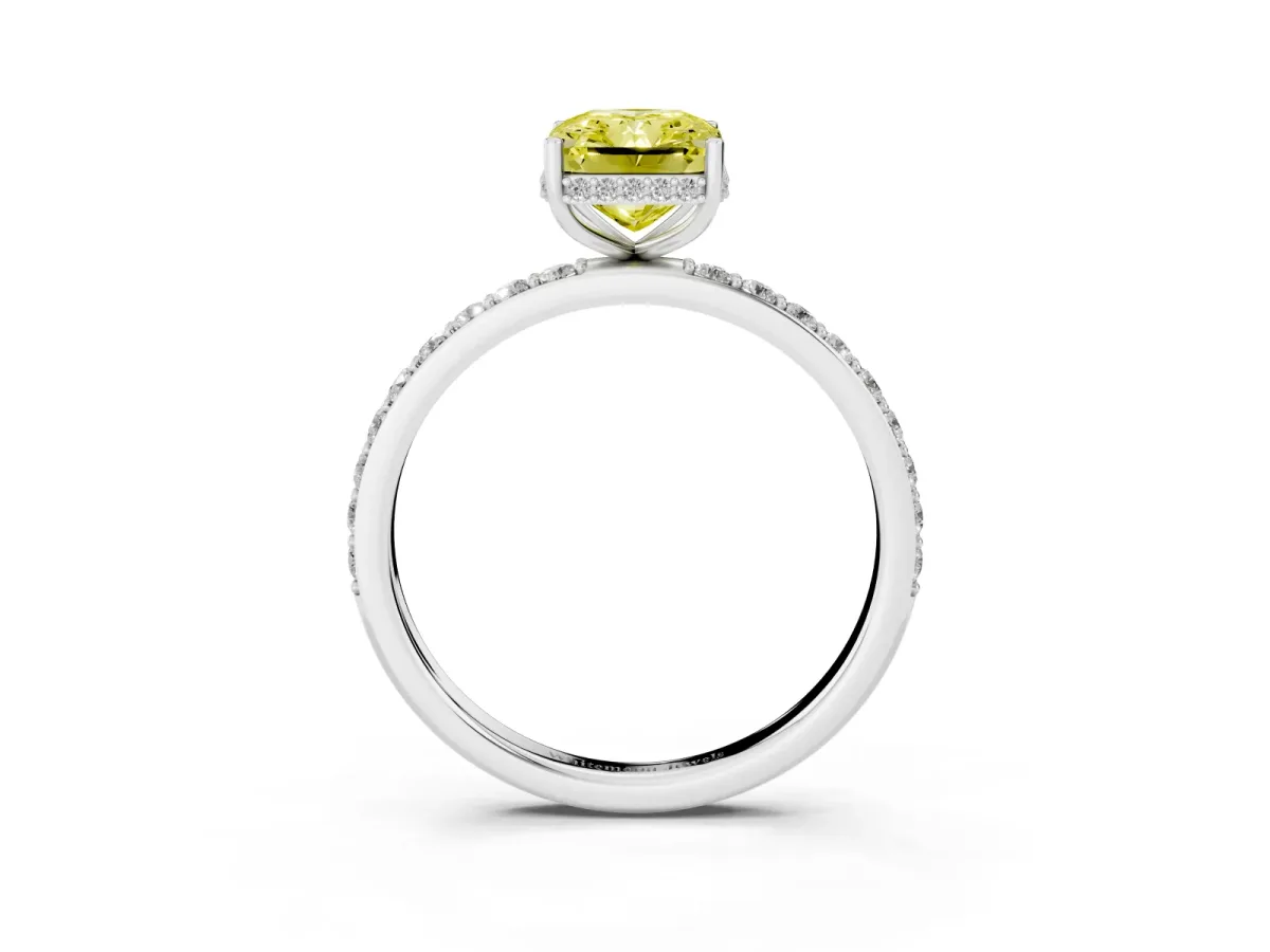Fancy Yellow Radiant Cut Diamond Solitaire Ring with Pavé Band and Hidden Halo Platinum