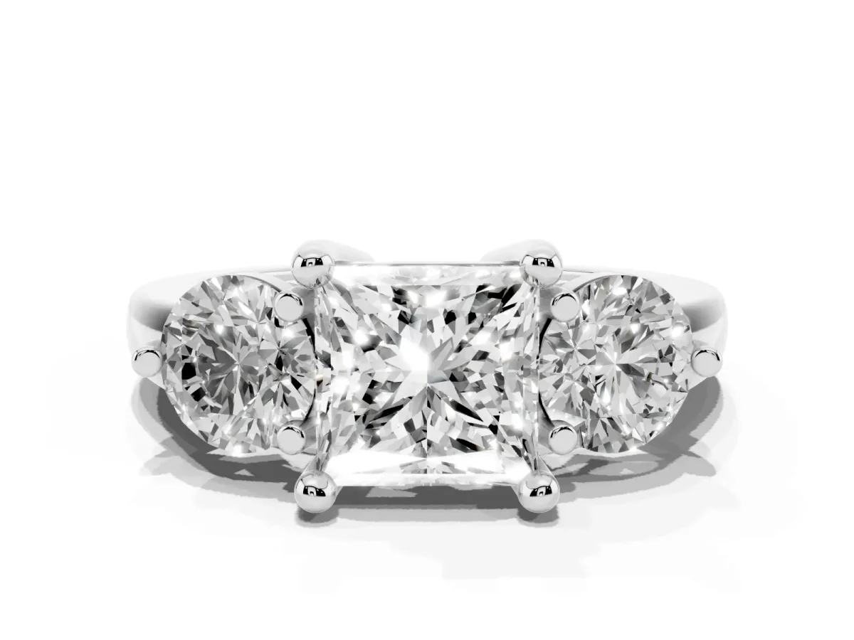 Three-Stone Princess Cut Brilliant Cut Solitaire Ring with Prong Setting on a Classic Band Platinum